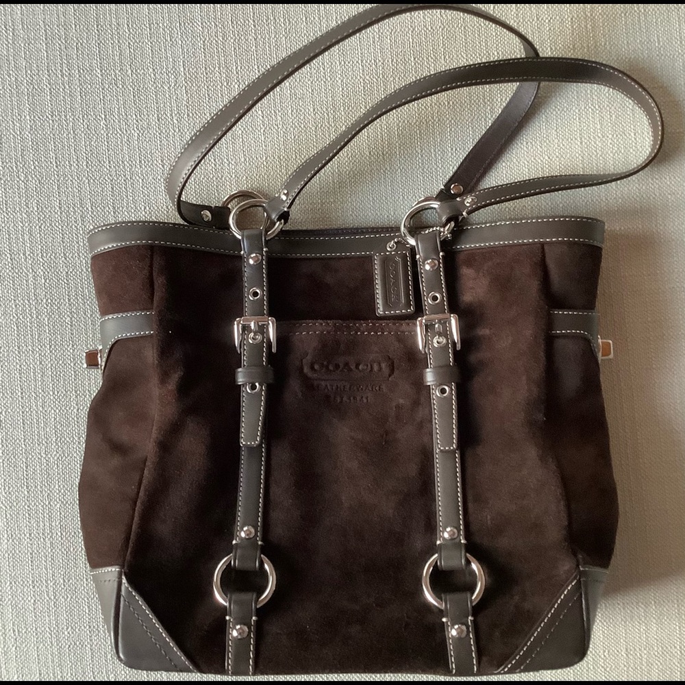 Beautiful Coach F12834 Dark Chocolate Suede Shopper Tote Shoulder Bag